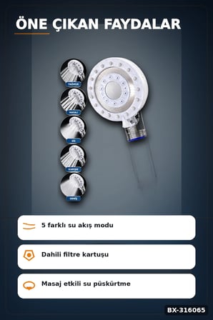 5 Fonksiyonlu Filtreli Duş Başlığı, Kireç ve Klor Arıtmalı El Duşu Beyaz BX-316065