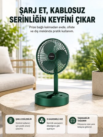 Katlanabilir Şarjlı Mini Fan 3 Kademeli Hız Ayarlı Taşınabilir
