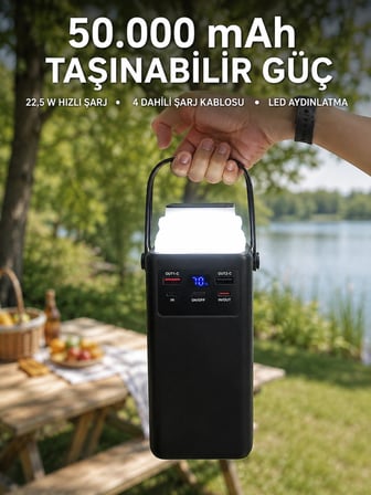LED Aydınlatmalı Powerbank 50.000 mAh 22,5 W Hızlı Şarj 4 Dahili Kablolu Dijital Pil Göstergeli Bata