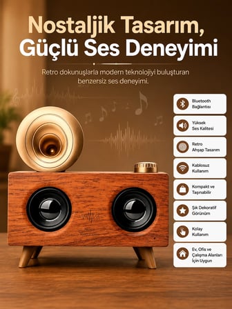 Bluetooth Nostalji Speaker Radyo Gramofon Ahşap Renk Vintage