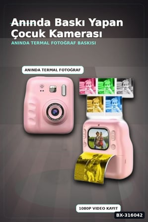Termal Baskılı Çocuk Fotoğraf Makinesi - 4 Rulo Kağıt ve 5 Renkli Kalem Seti BX-316042