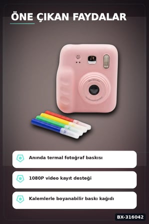 Termal Baskılı Çocuk Fotoğraf Makinesi - 4 Rulo Kağıt ve 5 Renkli Kalem Seti BX-316042