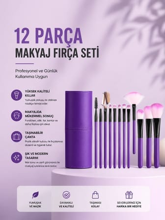 12'li Makyaj Fırça Seti Yumuşak Kıllı Profesyonel Kullanıma Uygun