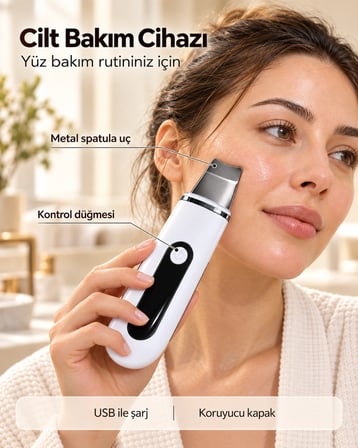 Metal Uçlu Cilt Bakım Cihazı - USB Şarjlı, Koruyucu Kapaklı Yüz Bakım Spatulası BX-316408