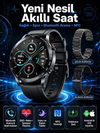 Suya Dayanıklı Dokunmatik Akıllı Saat Bluetooth 5.0, Sesli Asistan ve Sağlık Takibi