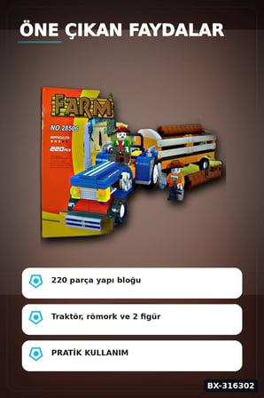 Ausini Çiftlik Yapı Blok Seti 220 Parça - Traktör ve Römorklu Çocuk Oyuncak BX-316302