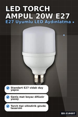 LED Torch Ampul 20W 3200K Gün Işığı E27 Duy 1980 Lümen Ev Ofis Aydınlatması 1 Adet BX-316697