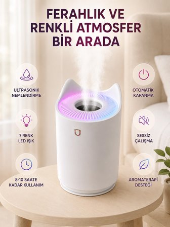 Hava Nemlendirici Ultrasonik Aroma Difüzör 7 Renk LED Işıklı Gece Lambası