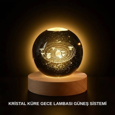 Ahşap Standlı LED Kristal Küre Lazer İşlemeli Dekoratif Obje