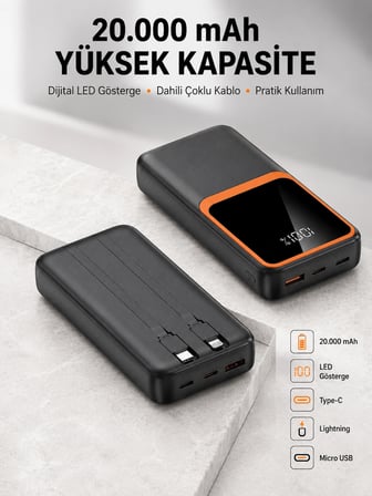 Dijital Ekranlı 20.000 mAh Powerbank | 22.5W Hızlı Şarj + Çoklu Bağlantı Seçeneği Yeni Nesil