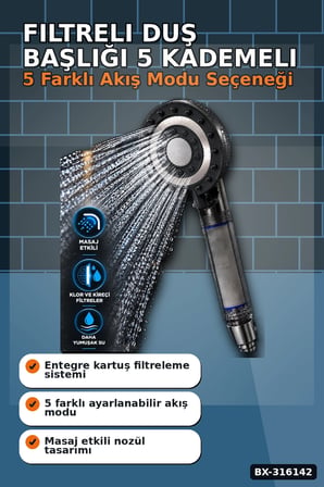 Filtreli Duş Başlığı 5 Kademeli Etkili Şeffaf Hazneli El Duşu Başlık BX-316142