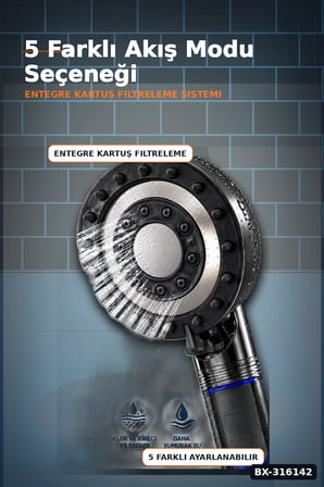 Filtreli Duş Başlığı 5 Kademeli Etkili Şeffaf Hazneli El Duşu Başlık BX-316142
