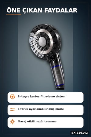 Filtreli Duş Başlığı 5 Kademeli Etkili Şeffaf Hazneli El Duşu Başlık BX-316142