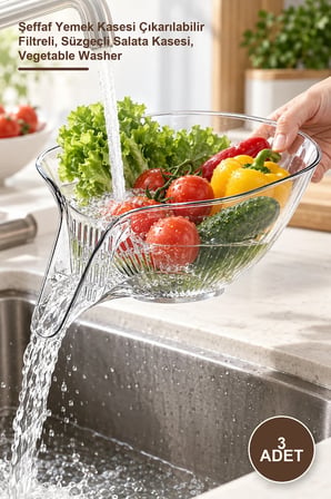 3 Adet Meyve Sebze Yıkama Süzgeci – Şeffaf Yemek Kasesi Çıkarılabilir Filtreli, Süzgeçli Salata Kasesi, Vegetable Washer