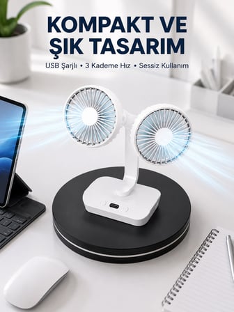 720° Döner Çift Taraflı Masaüstü Vantilatör – USB Şarjlı Sessiz Fan