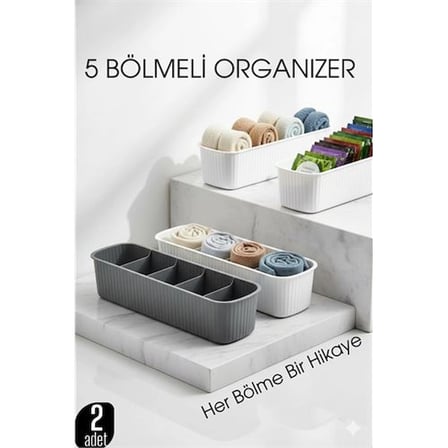 5 Bölmeli Dolap ve Çekmece İçi 2’li Set Organizer Kutusu (Gri & Beyaz) 722440