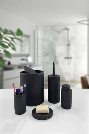 Yuvarlak Siyah 5 Parça Banyo Seti Çöp Kovası Fırça Sabunluk Diş Fırçalık Aksesuar