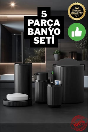 Yuvarlak Siyah 5 Parça Banyo Seti Çöp Kovası Fırça Sabunluk Diş Fırçalık Aksesuar