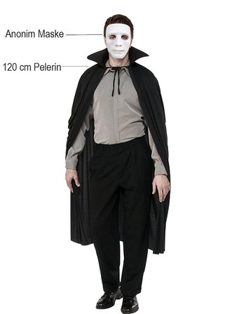 Siyah Renk Yakalı 120 Cm Pelerin Ve Beyaz Anonim Maske Bx40