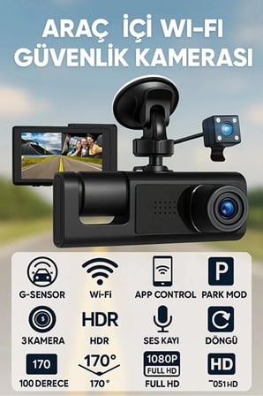 Full HD 3 Kameralı Araç Kamerası Ön İç Arka Kayıt ve Gece Görüşlü G Sensörlü Geniş Açılı