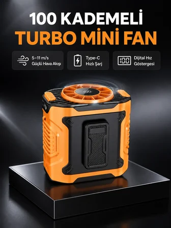 Dijital Ekranlı Turbo Mini Fan – 3 Kademeli Hız, Sessiz Çalışma ve Type-C Şarj