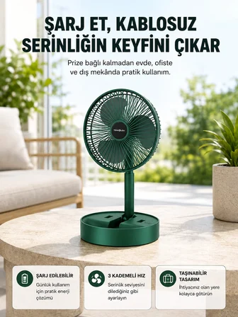 Katlanabilir Şarjlı Mini Fan 3 Kademeli Hız Ayarlı Taşınabilir