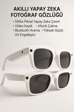 Beyaz AI Akıllı Gözlük No 21 Kameralı Bluetooth ChatGPT Destekli Yapay Zeka Çeviri ve Sesli Asistan
