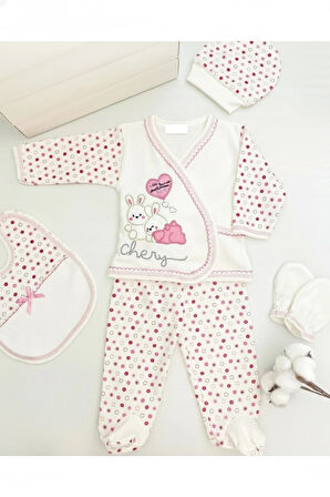 Sevimli Tavşan Figürlü Puantiyeli Bebek 5'li Hastane Çıkışı Seti Pamuk Yenidoğan Zıbın Takımı