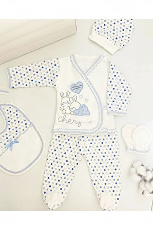 Tavşan Nakışlı Desenli Pamuklu Yenidoğan 5'li Hastane Çıkışı Zıbın Seti
