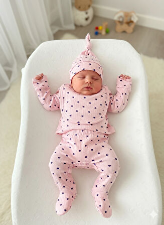 Pembe Desenli Nakışlı Kız Bebek 5'li Hastane Çıkışı Seti - %100 Pamuk Yenidoğan Zıbın Takımı