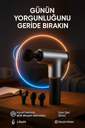 Akıllı Titreşim Teknolojili Masaj Tabancası – 4 Başlıklı Sessiz Motorlu Kas Gerginliği Giderici