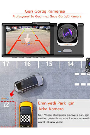 1080P Dash Cam Full Hd Araç içi Kamera Ön Arka ve İç Kayıt 3 Kamera Gece Görüşlü G Sensör Geniş Açı