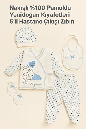 Nakışlı %100 Pamuk 5’li Yenidoğan Hastane Çıkışı Zıbın Seti | Tavşan Desenli Organik Bebek Kıyafetleri