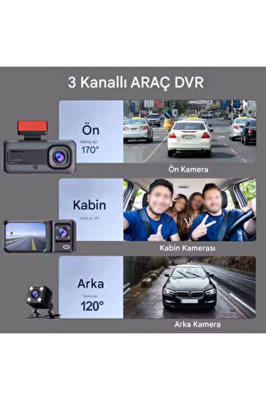A-98 WiFi Full HD 3 Kameralı Araç İçi Güvenlik Kamerası + Park Modu Kablosu Ön-Arka-İç Kayıt,DashCam