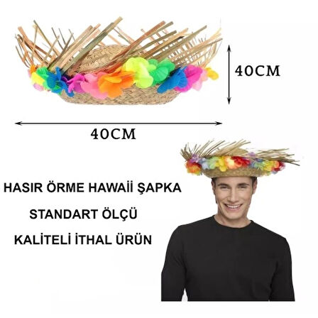 Natural Renkli Püsküllü Örme Hasır Hawaii Şapka