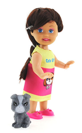 Cute Girl Gri Köpekli ve Kumral Mini Bebek