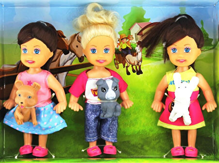 Cute Girl Mini Bebek ve Evcil Hayvan Üçlü Set