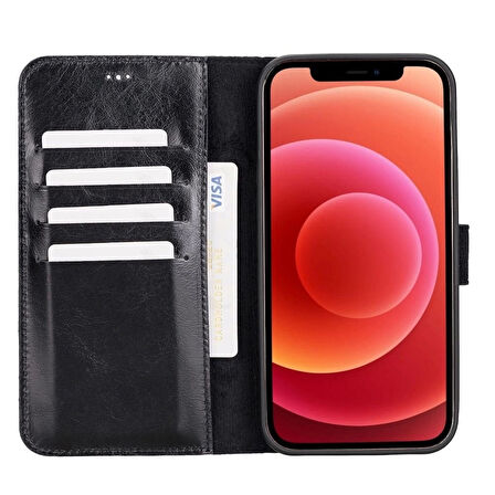 Apple iPhone 12 Pro Max Uyumlu Deri Cüzdanlı Kılıf RST1 Siyah