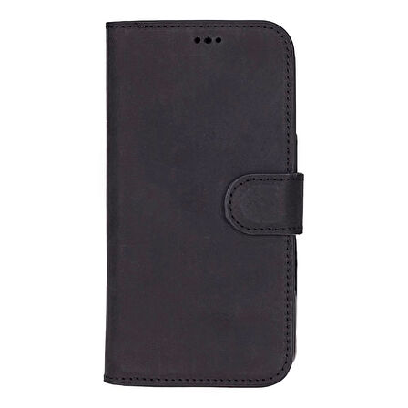 Apple iPhone 16 Pro uyumlu, Hakiki Deri, El Yapımı, Cüzdanlı Kılıf, Mat Siyah