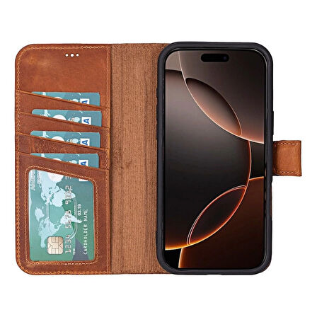 Apple iPhone 16 Pro uyumlu, Hakiki Deri, El Yapımı, Cüzdanlı Kılıf, Karamel
