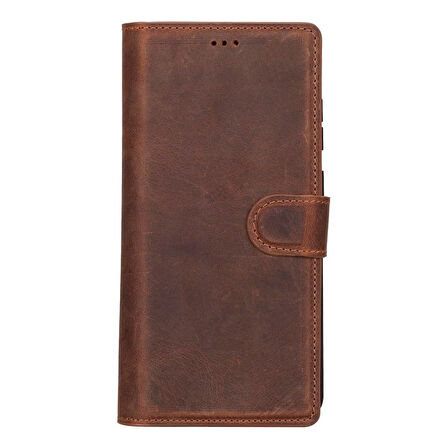 Samsung Galaxy S25 Ultra uyumlu, Hakiki Deri, El Yapımı, Cüzdanlı Kılıf, Antik Kahve