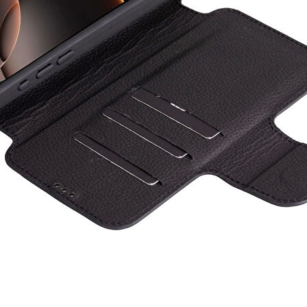 Apple iPhone 16 Pro Max uyumlu, Hakiki Deri, El Yapımı, Cüzdanlı Kılıf, Parlak Siyah