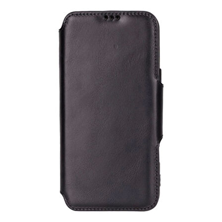 Apple iPhone 16 Pro Max uyumlu, Hakiki Deri, El Yapımı, Cüzdanlı Kılıf, Parlak Siyah