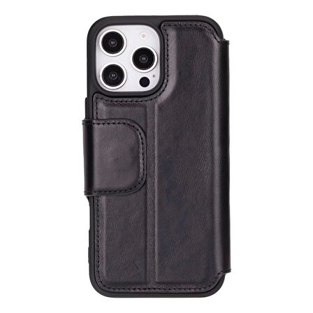 Apple iPhone 16 Pro Max uyumlu, Hakiki Deri, El Yapımı, Cüzdanlı Kılıf, Parlak Siyah