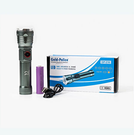 Gold Police Gp-216 Şarjlı El Feneri Güçlü Tg Led 2000 Lümen