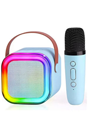 Karaoke Kablosuz Hoparlör Mikrofonlu Rgb Işıklı Bluetooth Speaker Tf Kart/usb Mavi