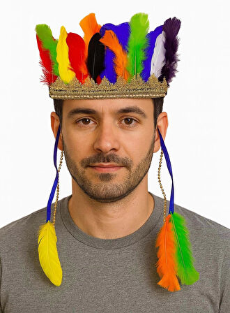 Rengarenk Tüylerle İşlenmiş Lastikli Kızılderili Başlığı