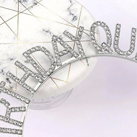 Gümüş Renk Kristal Taşlı Parlak Birthday Queen Yazılı Kraliçe Taç 16x17 cm