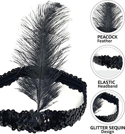 Siyah Renk Çarliston Başlık 90 lı Yıllar 80 li Yıllar Tüylü Saç Bandı