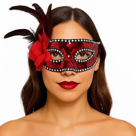 Kırmızı Renk Yandan Tüylü Güllü Gümüş Taşlı Pullu Maske 20x22 cm
